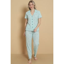 Wordex Mirano 1712 Minik Kalp Desenli Pointel İnce Kumaş Düğmeli Kısa Kollu Kadın Pijama Takımı Yeşil