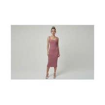 Neden Tekstil Premium Fit Kare Yaka Fitilli Triko Midi Elbise - Koyu Pembe