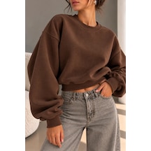 Bbbutikbasic 3 İplik Şardonlu Kısa Sweatshirt Bisiklet Yaka Kadın 3 İplik Şardonlu My3535 Kahverengi