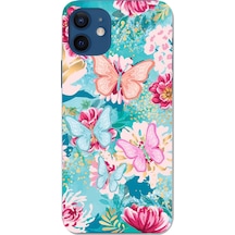 Apple Uyumlu iPhone 12 - 12 Pro Kelebekler Ve Çiçekler Baskılı Silikon Kılıf Renkli