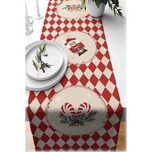 Yılbaşı Temalı Dijital Baskılı Runner Örtüsü Christmas Kırmızı 40x140 Cm Açık Bej