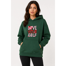Herkesemoda Love Your Self Baskılı Kapüşonlu 2 İplik Şardonlu Sweatshirt Yeşil