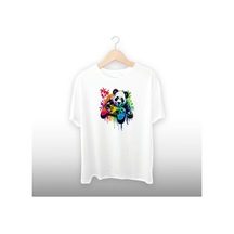 Oyun Konsollu Panda Detaylı Unisex Tişört Beyaz