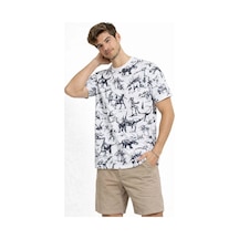 Yake Store Erkek Beyaz Dinozor Desenli Tişört Regular Fit, Bisiklet Yaka, Dijital Baskılı Pamuklu T-shirt - Beyaz - Beyaz