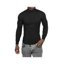 Deepsea Erkek Siyah Çizgi Desenli Slim Kesim Tam Balıkçı Yaka Triko Boğazlı Kazak 2505509 Siyah