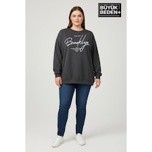 Süperlife Kadın Büyük Beden El Yazılı Brooklyn Baskılı Bisiklet Yaka İnce Sweatshirt Spr26bswk956-6 Antrasit