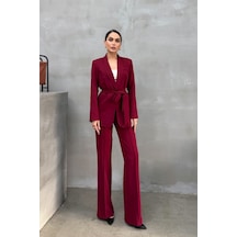 Msm Fashion Kadın İkili Kuşaklı Blazer Ceket Pantolon Takım Bordo