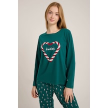 Yeşil Kalp Baskılı Kadın Yeşil Pijama Takımı Yeşil