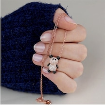925 Ayar Rose Siyah Beyaz Taşlı Panda Gümüş Kolye