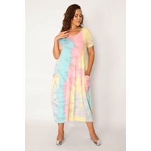 Şans Kadın Saks Batik Desen V Yaka Cepli Elbise 65n33979-mor Mor