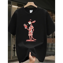 Barlashive Erkek T-shirt Pembe Panter Baskılı Kısa Kollu Tişört - Siyah Çok Renkli