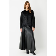 Kürk Ceketli Deri Etekli Takım Siyah Siyah