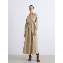 Lcwaıkıkı Classic Yeşil Beli Kuşaklı Poplin Gömlek Elbise