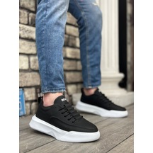 Ba0332 Merdiven Desen Bağcıklı Erkek Yüksek Taban Siyah Cilt Beyaz Taban Spor Ayakkabı Siyah