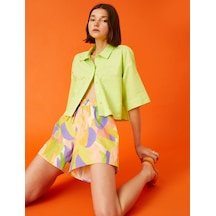 Koton Oversize Crop Kısa Kollu Gömlek Keten Karışımlı Yeşil 2sal60007ıw