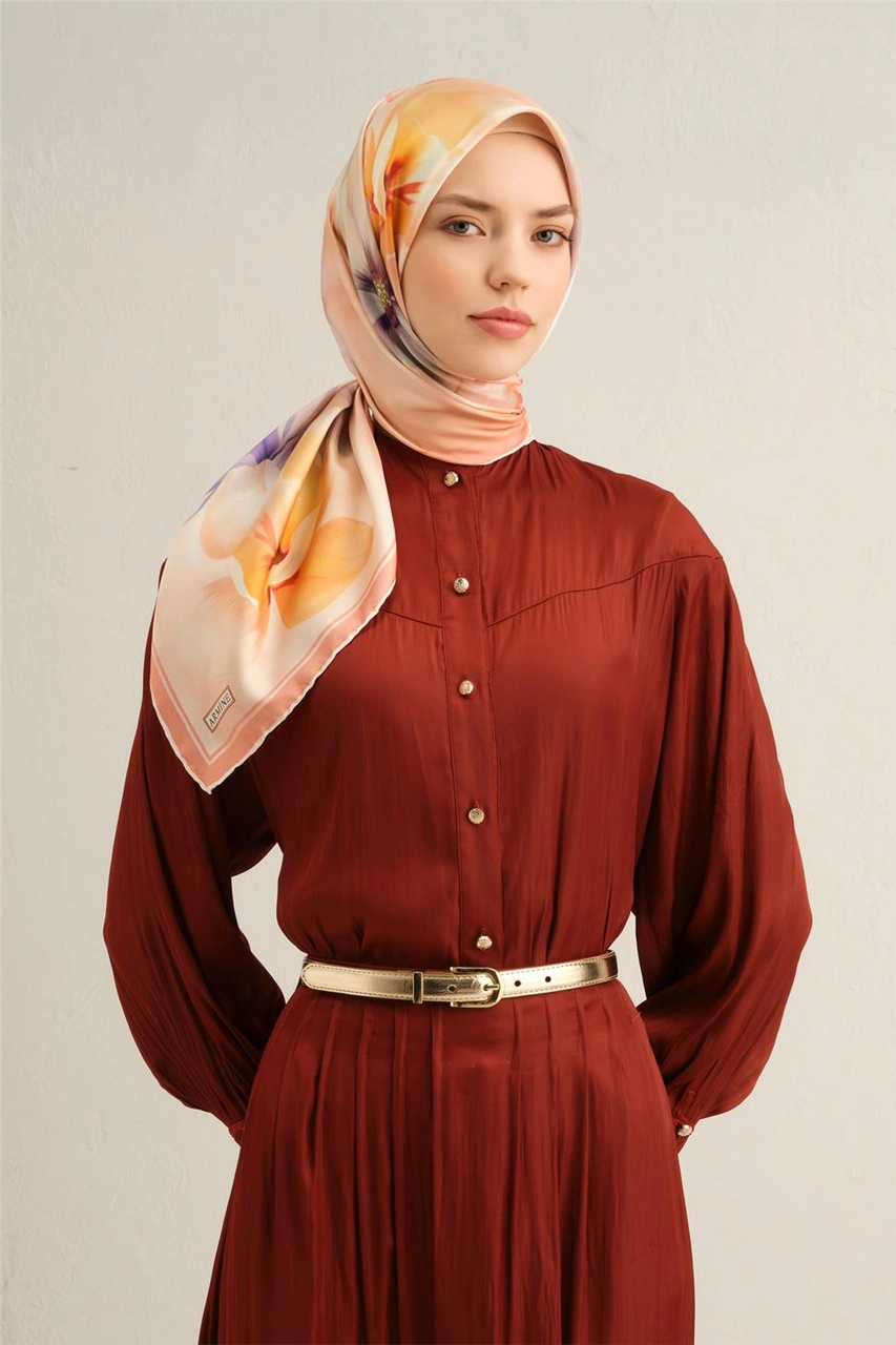 Armine Çiçek Desenli Saf İpek Twill Eşarp 9305d 34 Turuncu