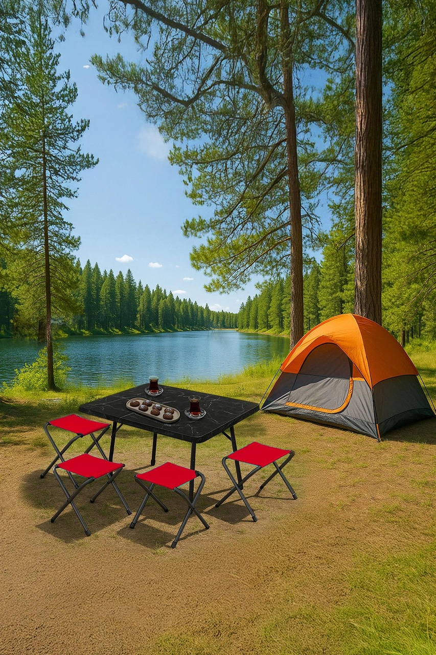 Exent 45x60 Cm Kamp Sehpası + 4 Adet Kırmızı Tabure Piknik, Bahçe Balkon Sehpası Katlanır Sehpa-me-4k Çok Renkli