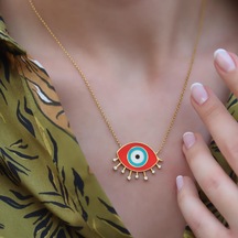 Mine İşli Kırmızı Göz Modeli Gold Kaplama Trend Gümüş Kolye Gümüş