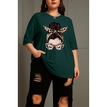 Ceny Kadın Büyük Beden Battal Baskılı Bisiklet Yaka Pamuklu T-shirt Rahat Kesim Unisex Sevgili Kombini Yesıl