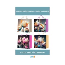 Pastel Renkli Lale Desenli Şık Karton Hediye Çantası Küçük Boy