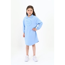 Kız Çocuk Baskılı Oversize Polo Yaka Uzun Kollu Elbise Mavi