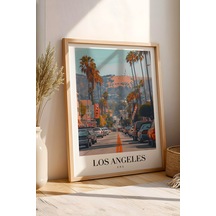 Los Angeles Usa Vintage Seyahat Posteri Çerçeveli Tablo - Premium Hollywood Hills Elit Duvar Dekoru Kayın