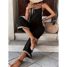Defymoda Kadın Ip Askılı V Yakalı Etnik Serit Desenli Cep Detaylı Janjan Krep Tulum Siyah