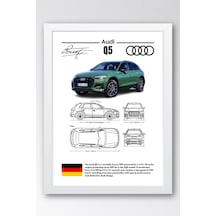 Audi Q5 Tablo - Teknik Özellikli Alman Lüks Suv Poster - Çerçeveli Duvar Dekoru - Araba Blueprint Beyaz