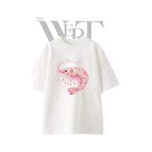 Thewert Shrimp Floral Tasarım Baskılı Ünisex Beyaz Oversize T-shirt