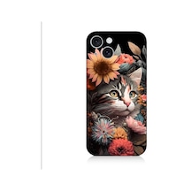 Apple Uyumlu iPhone 15 Çiçekler Ve Kül Gri Kedi Desenli Silikon Kılıf