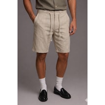Tarz Cool Erkek %100 Pamuk Linen Şort Bağcıklı Rahat Kesim Yazlık Şort Bej