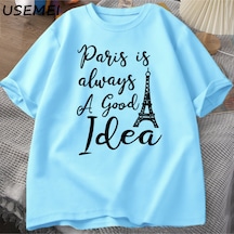 Flood Of Style Erkekler T En Kaliteli Baskı Paris T-shirt Rahat Tatil Moda O Boyun Kazak Pamuk Kısa K Mavi