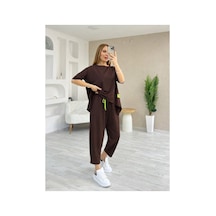 Butik İstanbul Kadın Kısa Kollu Bisiklet Yaka Viskon Iki Iplik Bluz Ve Pantolon Ikili Takım Kahve