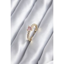 Gold Renk Zirkon Taşlı Pembe Kristal Model Kadın Yüzük