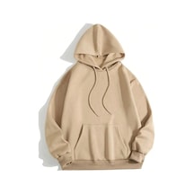 Erkek 3 İplik Pamuklu Kapüşonlu Kanguru Cepli Sweatshirt Hoodie - Bej