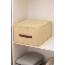 İronika Orta Boy Gerçek Jüt Kumaşlı Kulplu Koltuk Baza Yatak Altı Uyumlu Extra Destekli Hurç Organizer Kahverengi