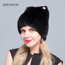 Siyah Jeryafur Kadın Sevimli Kedi Kulak Kalın Kürk Şapka