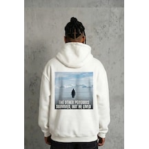 Erkek Survivor Penguin Baskılı 3 İplik Pamuklu Kapüşonlu Sweatshirt Hoodie Beyaz