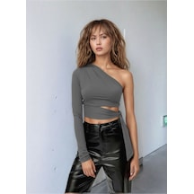 Mamayaga Kadın Belden Bağlama Detay Tek Kol Uzun Açık Spor Şık Rahat Kalıp Crop Top Bluz Gri