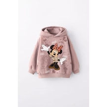 Kız Çocuk Minnie Baskılı Kapüşonlu Manşetli Sweatshirt Pudra