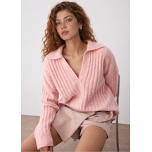 Maison Velora Kadın Pembe Polo Yaka V Yaka Fitilli Oversize Triko Kazak Pudra Pudra