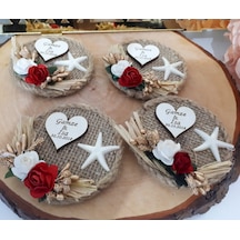 Deniz Yıldızlı Hasır Tabla Üzeri Ahşap Isimli Nikah Şeke 30 Adet
