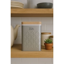 Ahşap Görünümlü Metal Kapaklı 1 Adet Gofreli Gri Çay Saklama Kutusu & Kavanoz 17 11 8 Cm Gri