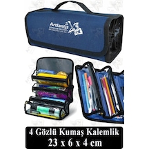 4 Gözlü Kalem Çantası 1 Adet Dört Bölümlü Kalemlik Sanatsal Şeffaf Bölmeli Kulplu Taşınabilir Kumaş Kalemlik Lacivert