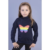 Toontoy Kız Çocuk Relax Fit Yarım Balıkçı Yaka Baskılı Sweatshirt - 2 İplik Lacivert