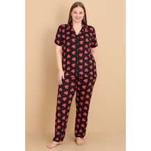 Wordex Mirano 2854 Kalpli Milan Kumaş Kısa Kollu Düğmeli Büyük Beden Kadın Pijama Takımı Siyah