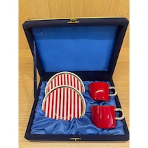 Güral Porselen Altın Yaldızlı El Dekoru 2 Kişilik Türk Kahve Fincan Takımı Kırmızı - Beyaz