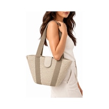 Levano Leather Kadın Hasır Tote Omuz Çantası Deri Detaylı Geniş İç Hacimli Günlük Yazlık Çanta 38x28 Cm Ekru