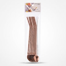 6'lı Kaşıklı Pipet Seti - Bronz - Pipet Temizleme Fırçası Çok Renkli