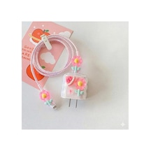Pembe Çiçekli Spiral Kablo Koruyucu Ve Şarj Başlığı Koruma Kılıfı Seti